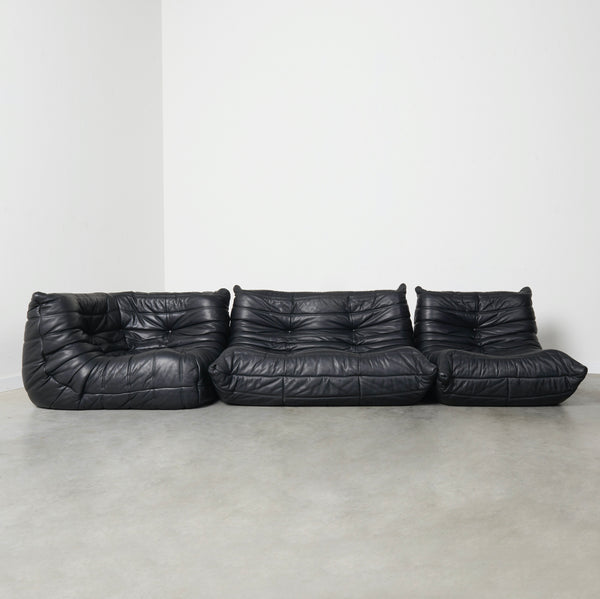 Black leather Togo set by Ligne Roset, 1970