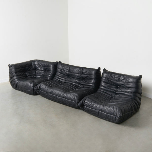 Black leather Togo set by Ligne Roset, 1970