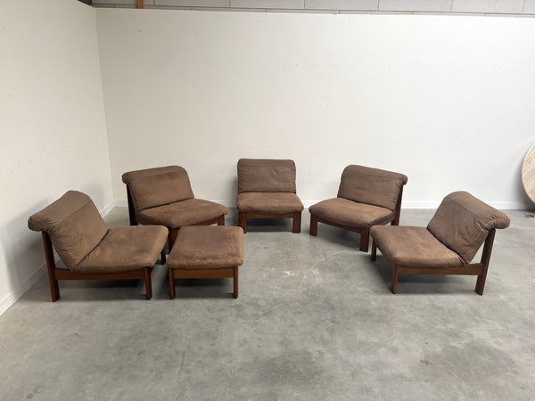 Rolf Benz leather oak lounge group, 1970s