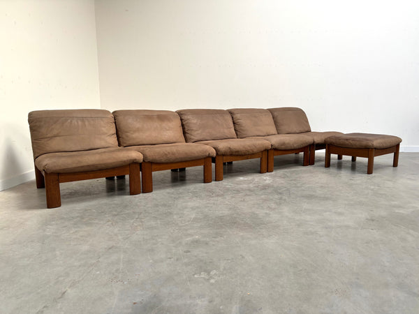 Rolf Benz leather oak lounge group, 1970s