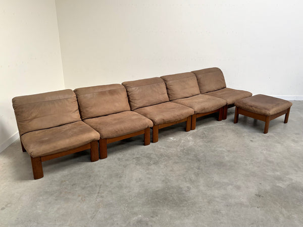 Rolf Benz leather oak lounge group, 1970s