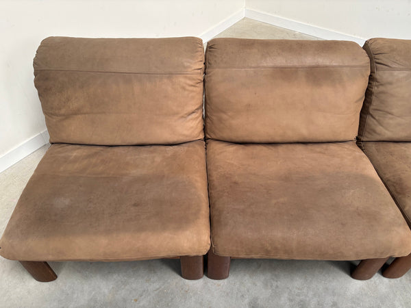 Rolf Benz leather oak lounge group, 1970s