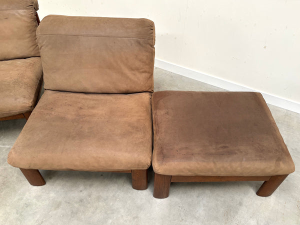 Rolf Benz leather oak lounge group, 1970s