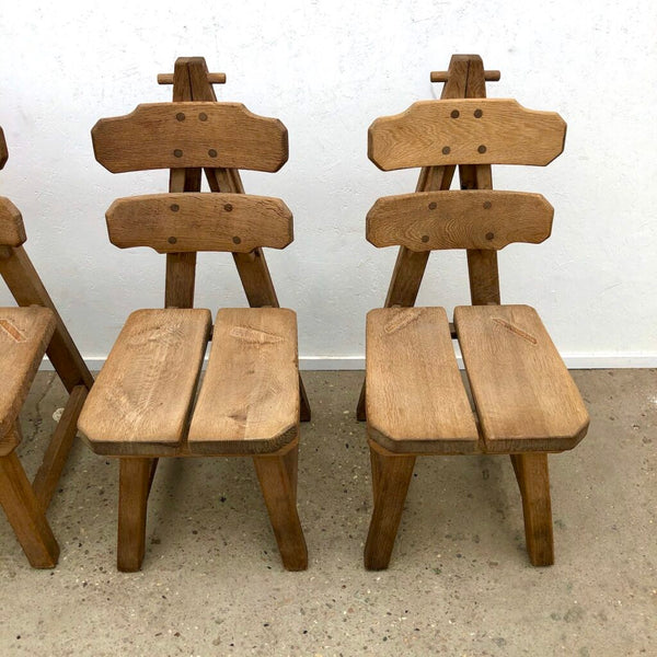 Solid Oak Brutalist chairs with table, Spain 1970s