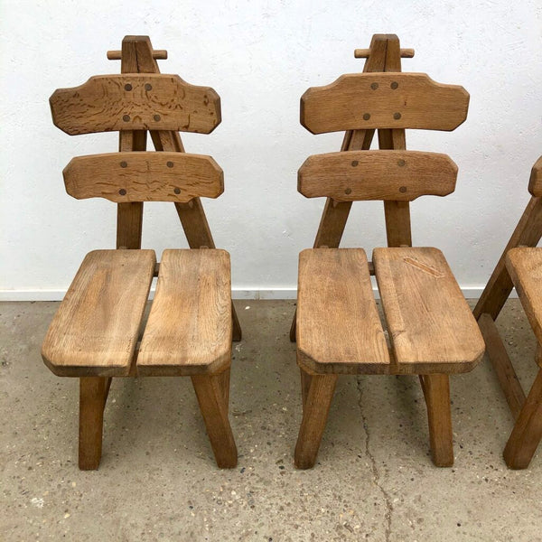 Solid Oak Brutalist chairs with table, Spain 1970s
