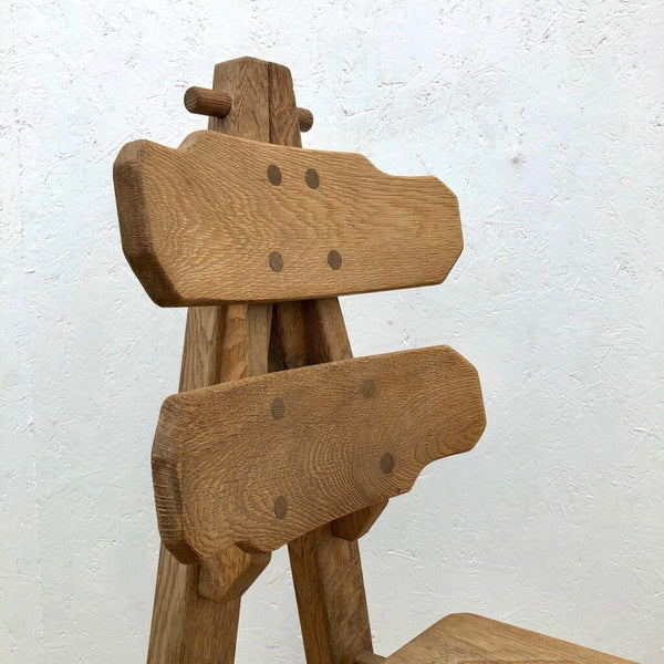 Solid Oak Brutalist chairs with table, Spain 1970s