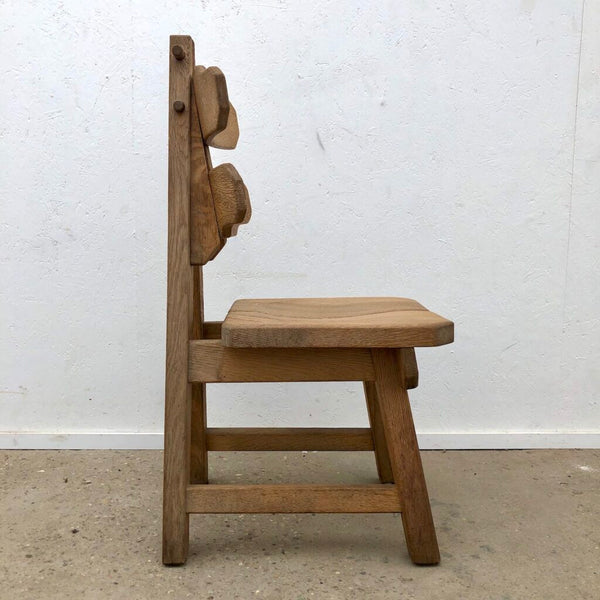 Solid Oak Brutalist chairs with table, Spain 1970s