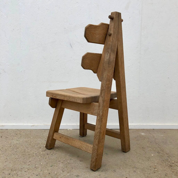 Solid Oak Brutalist chairs with table, Spain 1970s