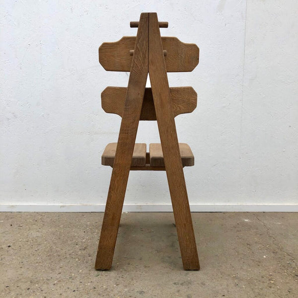 Solid Oak Brutalist chairs with table, Spain 1970s
