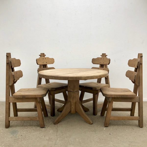Solid Oak Brutalist chairs with table, Spain 1970s