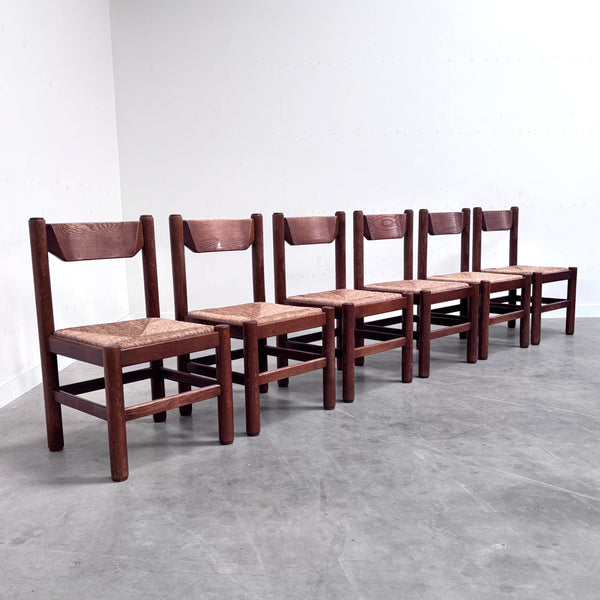 Oak and wicker dining chairs, 1960s