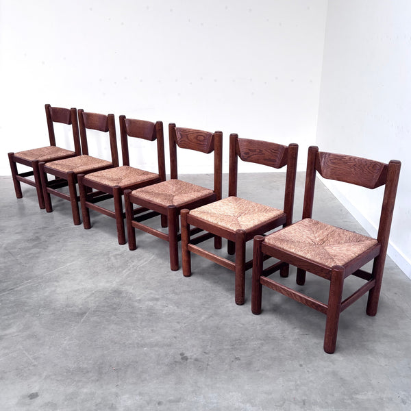 Oak and wicker dining chairs, 1960s