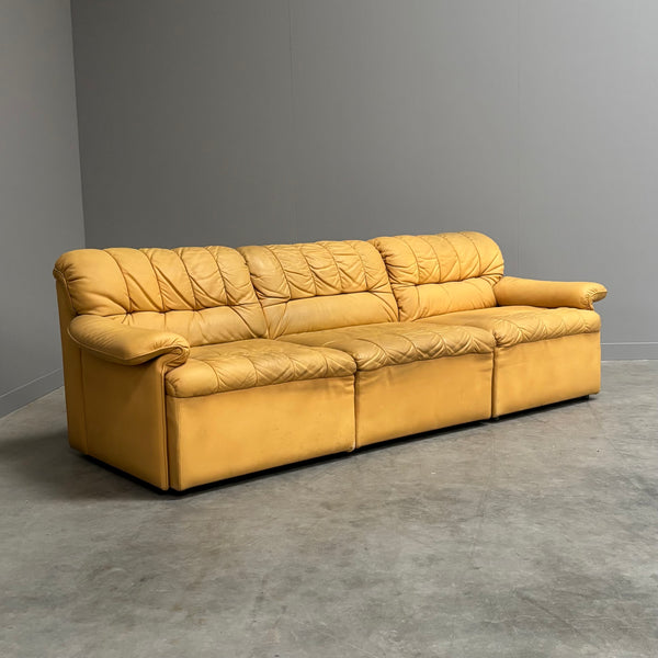 Yellow leather lounge sofa by Laauser, 1970s