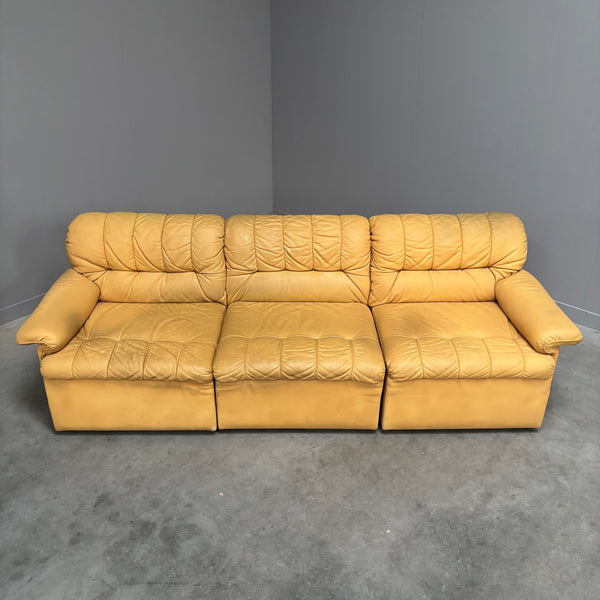 Yellow leather lounge sofa by Laauser, 1970s