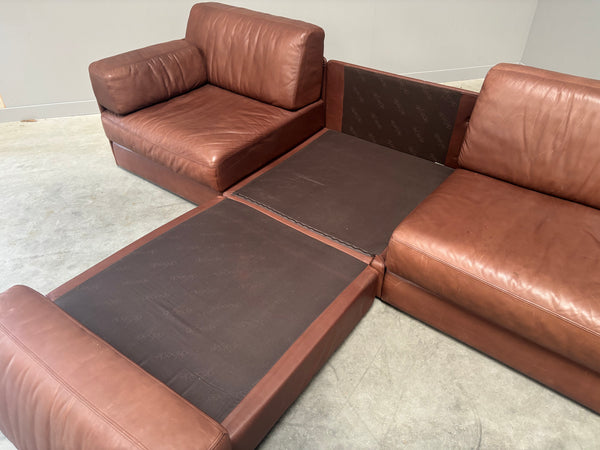 Brown leather modular sofa by De Sede; DS76, 1970s (corner)