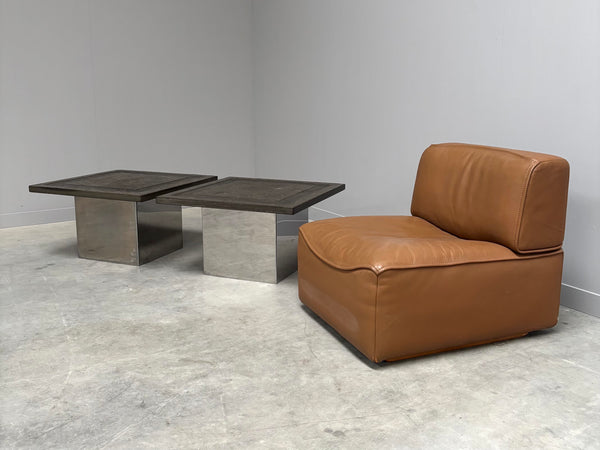 Set Peter Draenert stainless steel and stone coffee tables, 1970s