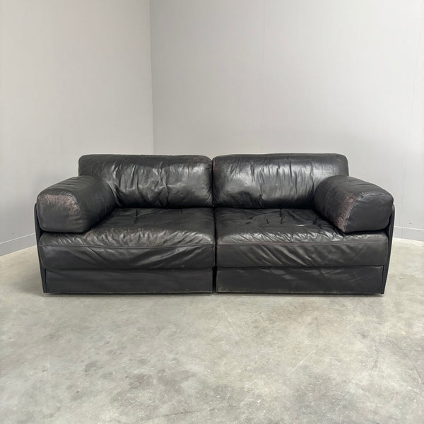 Vintage black leather sofa / daybed, 1970s