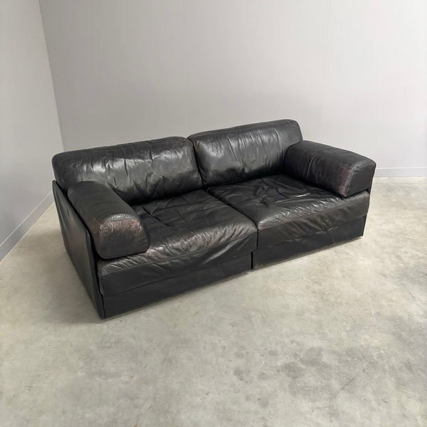 Vintage black leather sofa / daybed, 1970s