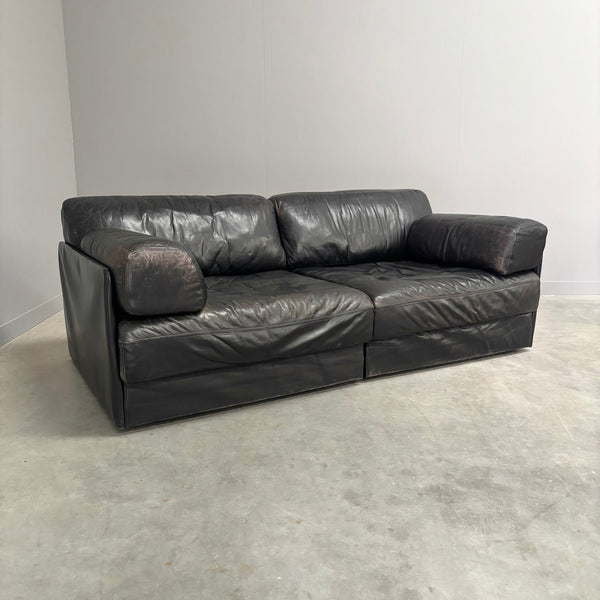 Vintage black leather sofa / daybed, 1970s