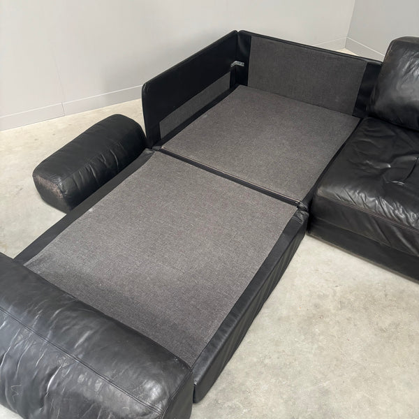 Vintage black leather sofa / daybed, 1970s