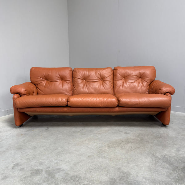 Cognac leather Coronado 3 seat sofa by B&B Italia, Italy 1960s