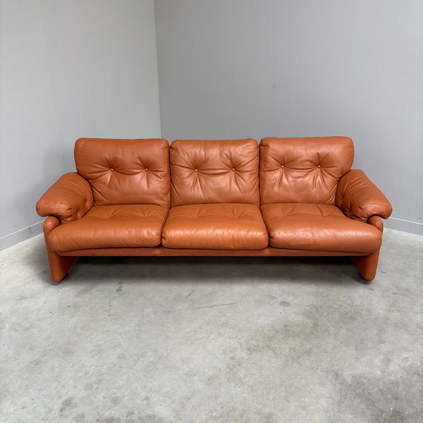 Cognac leather Coronado 3 seat sofa by B&B Italia, Italy 1960s