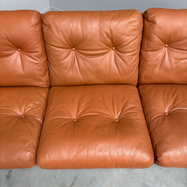 Cognac leather Coronado 3 seat sofa by B&B Italia, Italy 1960s
