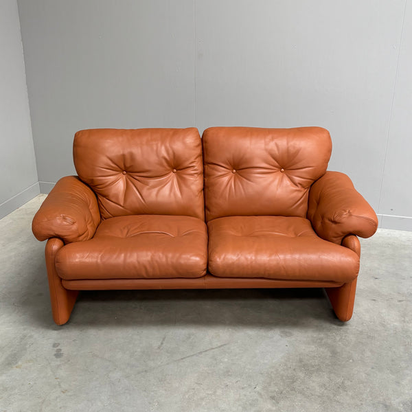Cognac leather Coronado 2 seat sofa by B&B Italia, Italy 1960s