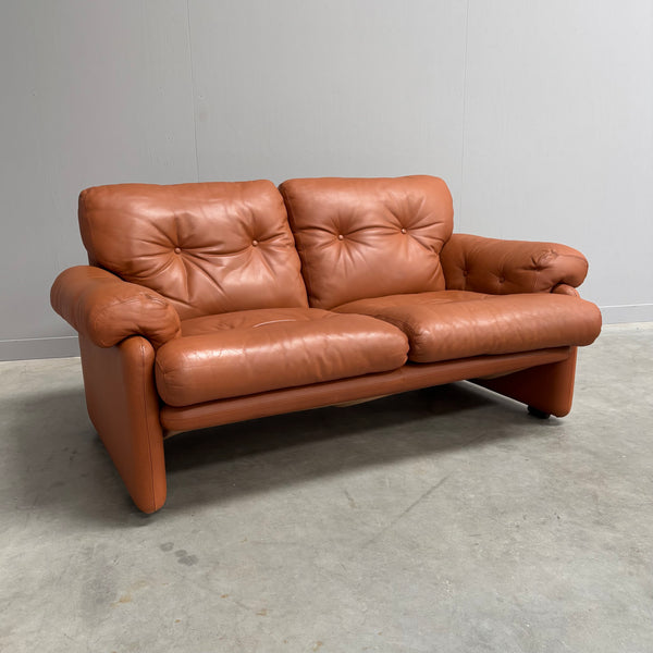 Cognac leather Coronado 2 seat sofa by B&B Italia, Italy 1960s