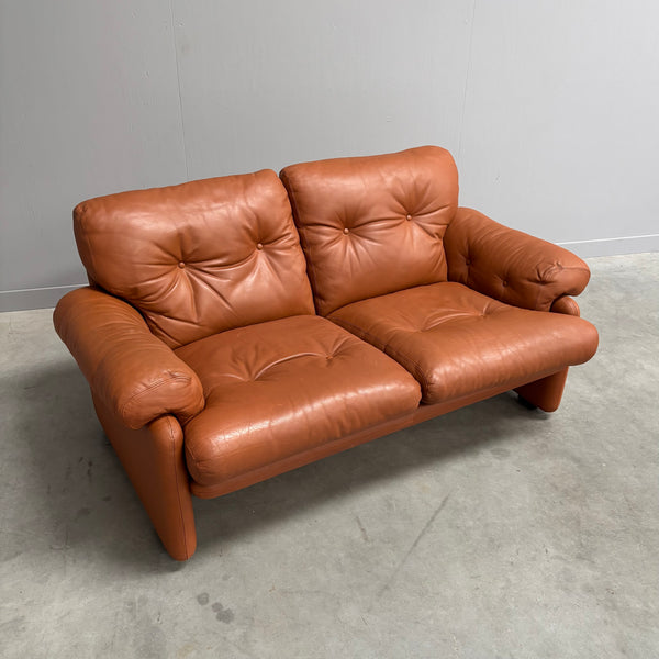 Cognac leather Coronado 2 seat sofa by B&B Italia, Italy 1960s