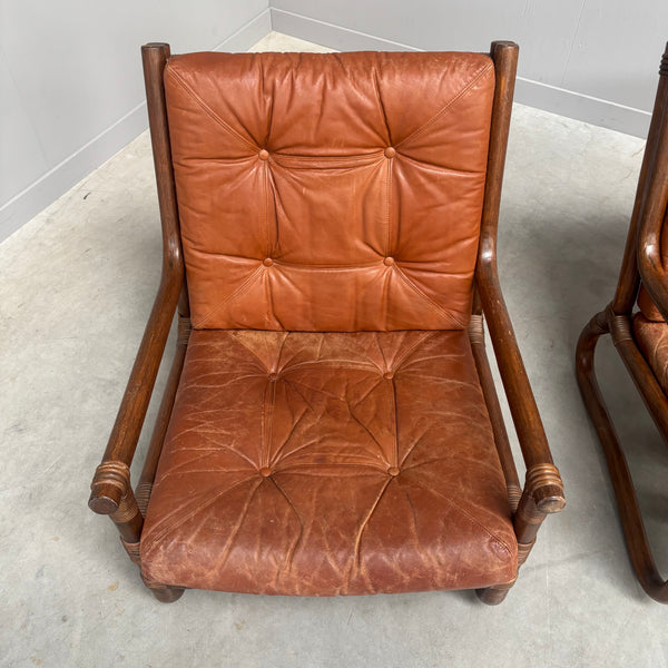 Set vintage bamboo and leather chairs, 1970s