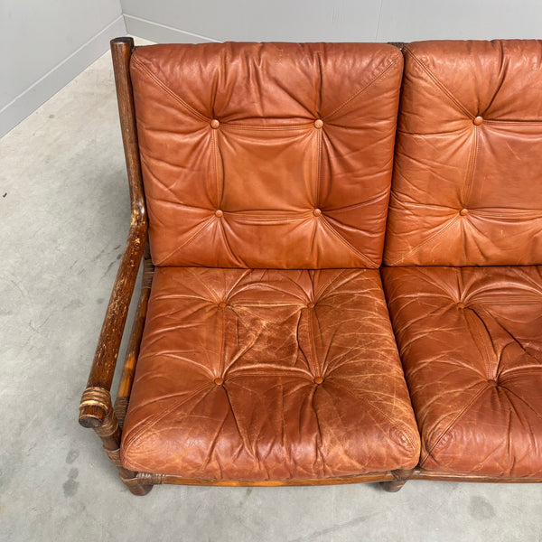 Vintage bamboo and leather sofa, 1970s