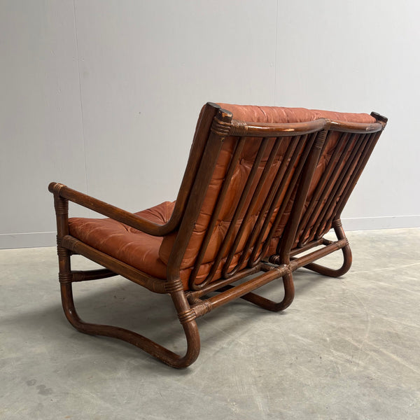 Vintage bamboo and leather sofa, 1970s
