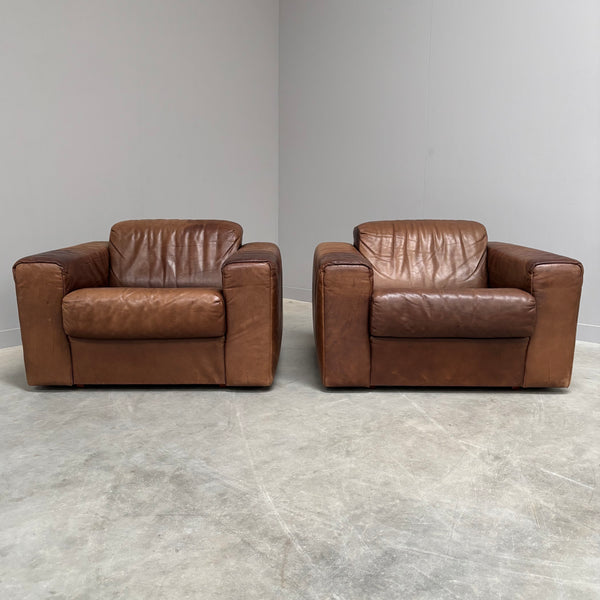 Set vintage brown leather lounge chairs, 1970s