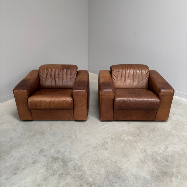Set vintage brown leather lounge chairs, 1970s