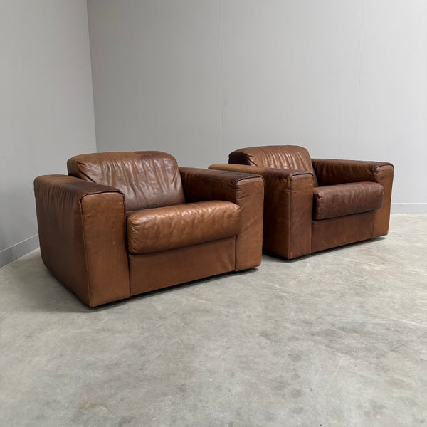 Set vintage brown leather lounge chairs, 1970s