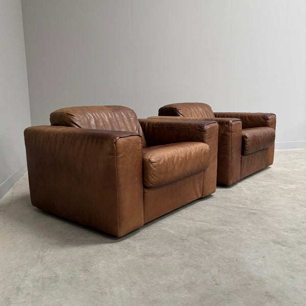 Set vintage brown leather lounge chairs, 1970s