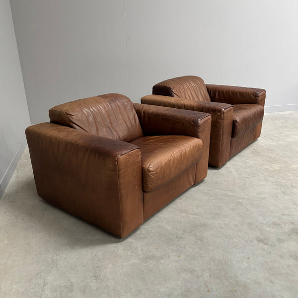Set vintage brown leather lounge chairs, 1970s