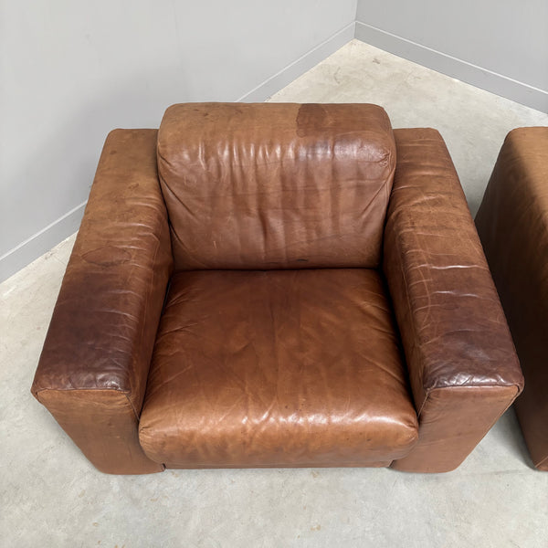 Set vintage brown leather lounge chairs, 1970s