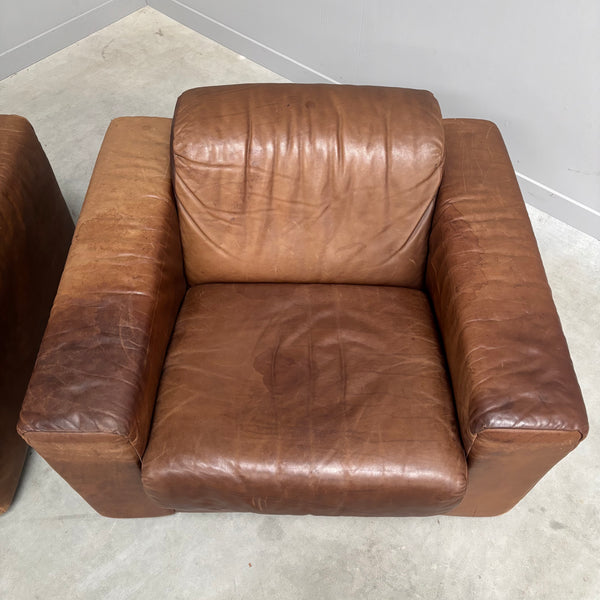 Set vintage brown leather lounge chairs, 1970s