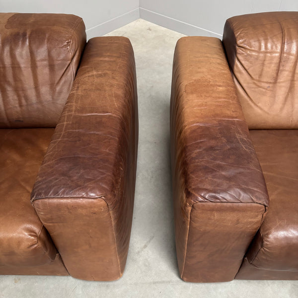 Set vintage brown leather lounge chairs, 1970s