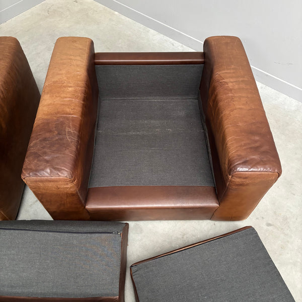 Set vintage brown leather lounge chairs, 1970s