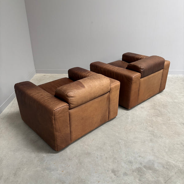 Set vintage brown leather lounge chairs, 1970s
