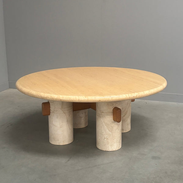 Rare round travertine coffee table, 1970s