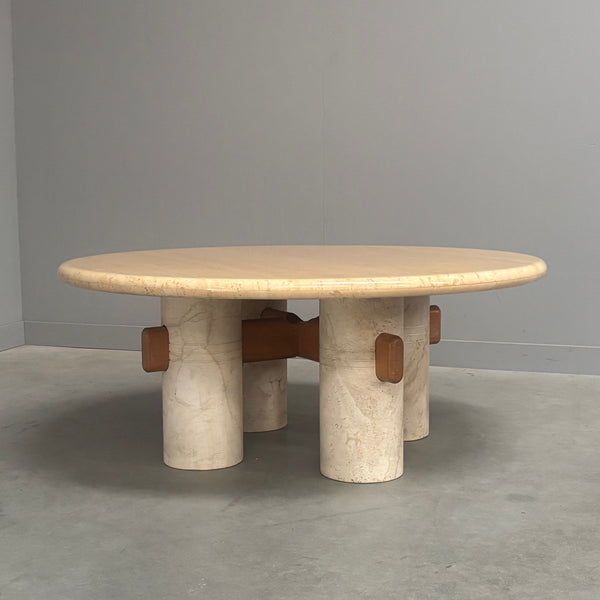 Rare round travertine coffee table, 1970s