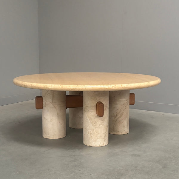 Rare round travertine coffee table, 1970s