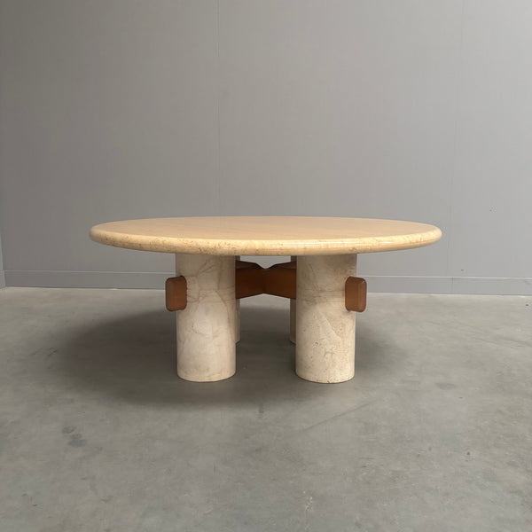 Rare round travertine coffee table, 1970s