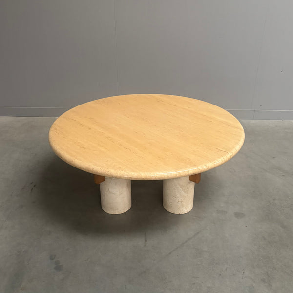 Rare round travertine coffee table, 1970s