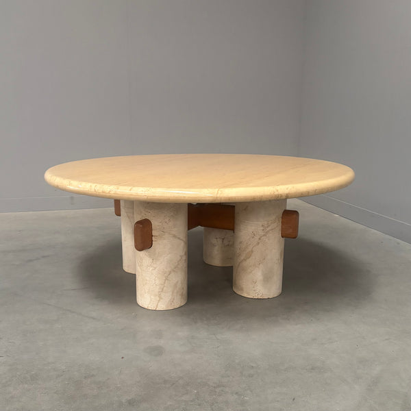 Rare round travertine coffee table, 1970s