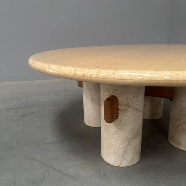 Rare round travertine coffee table, 1970s